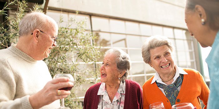 A group of elderly people enjoying a conversation outside.
