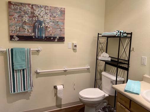 A neatly organized bathroom with a shelf, artwork, and towel rack.