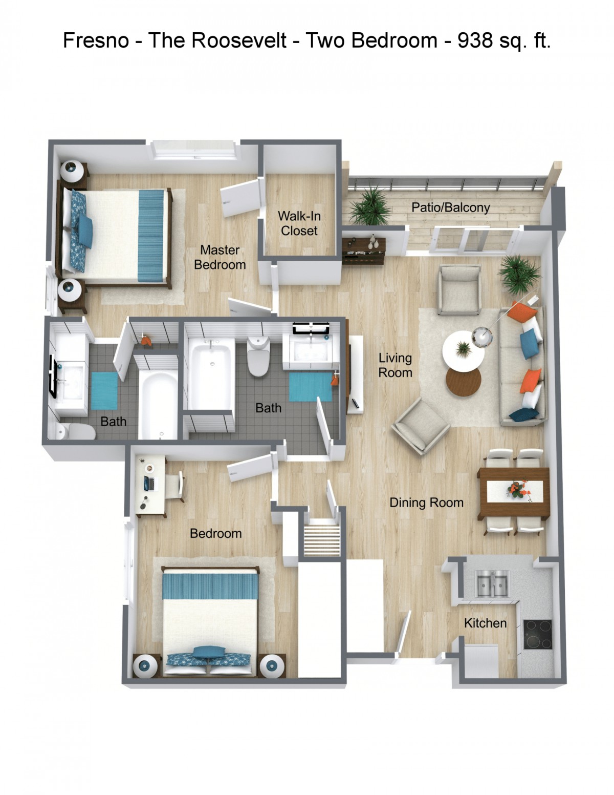 A detailed floor plan of a two-bedroom apartment including a living room, kitchen, and bathroom.