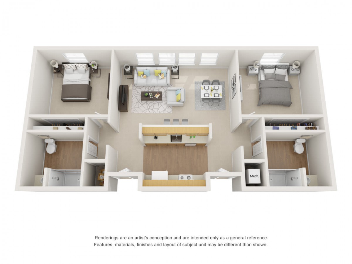 A 3D floor plan of a two-bedroom apartment with a living room, kitchen, and bathrooms.