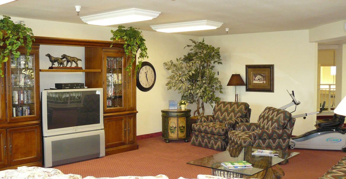 Cozy living room with a TV, bookshelf, and patterned chairs.