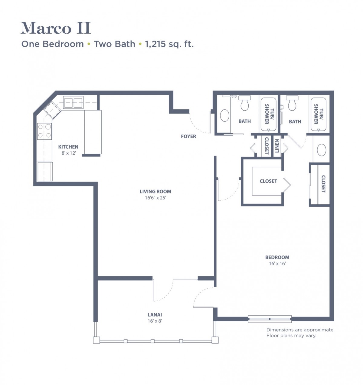 Marco II Apartment Floor Plan with One Bedroom and Two Baths.