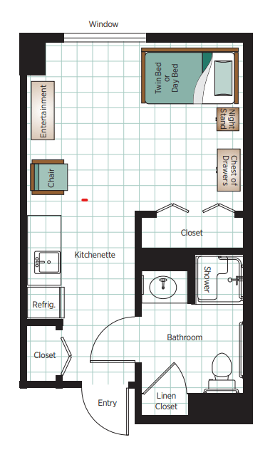 A detailed floor plan of an apartment featuring a living room, bedroom, kitchen, and bathroom.