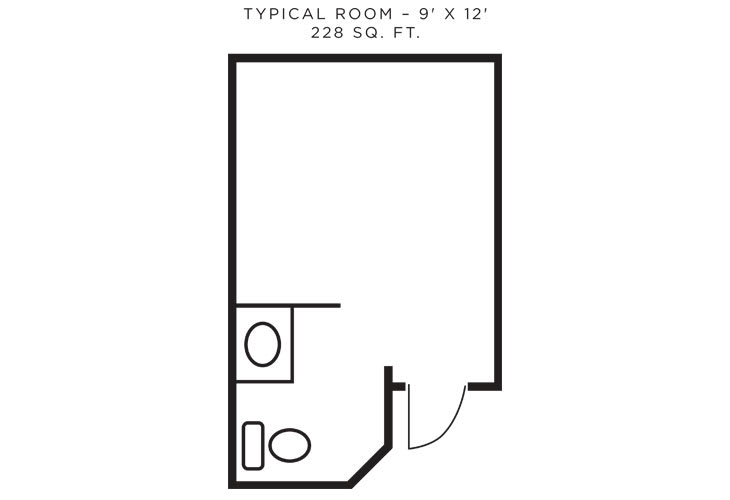 A floor plan of a typical room measuring 9 feet by 12 feet, totaling 228 square feet, including a small bathroom.