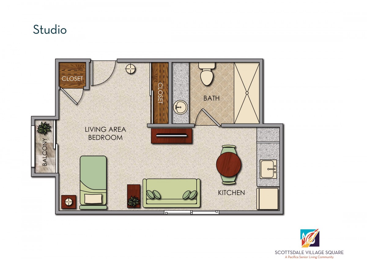 Studio apartment floor plan with combined living and bedroom area, kitchen, and bathroom.
