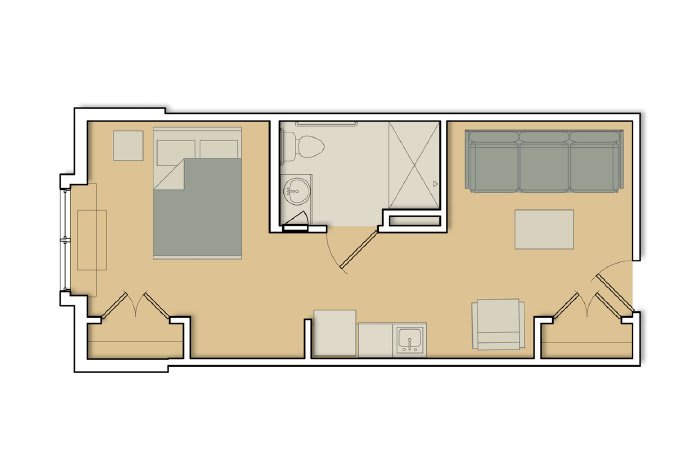 A simple floor plan showcasing a one-bedroom apartment with a bathroom, kitchen, and living room.