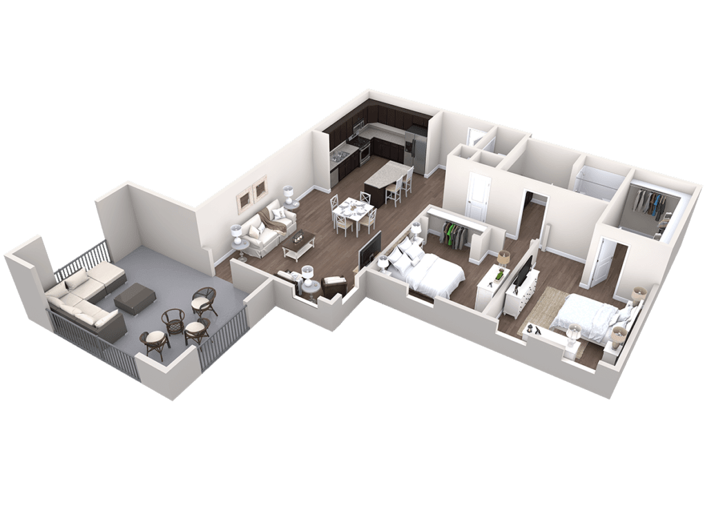 A modern 3D floor plan of an apartment showing the layout of various rooms including the living room, kitchen, bedrooms, and bathroom.