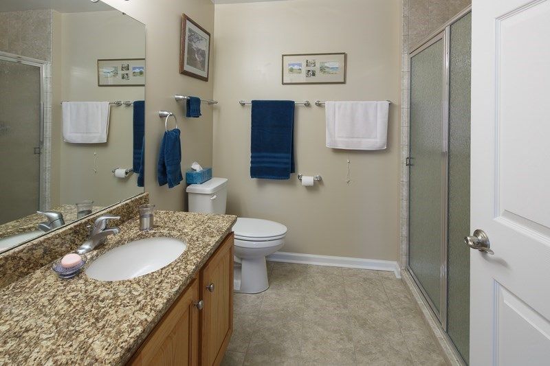 A modern bathroom with a granite countertop, shower, and blue towel accents.