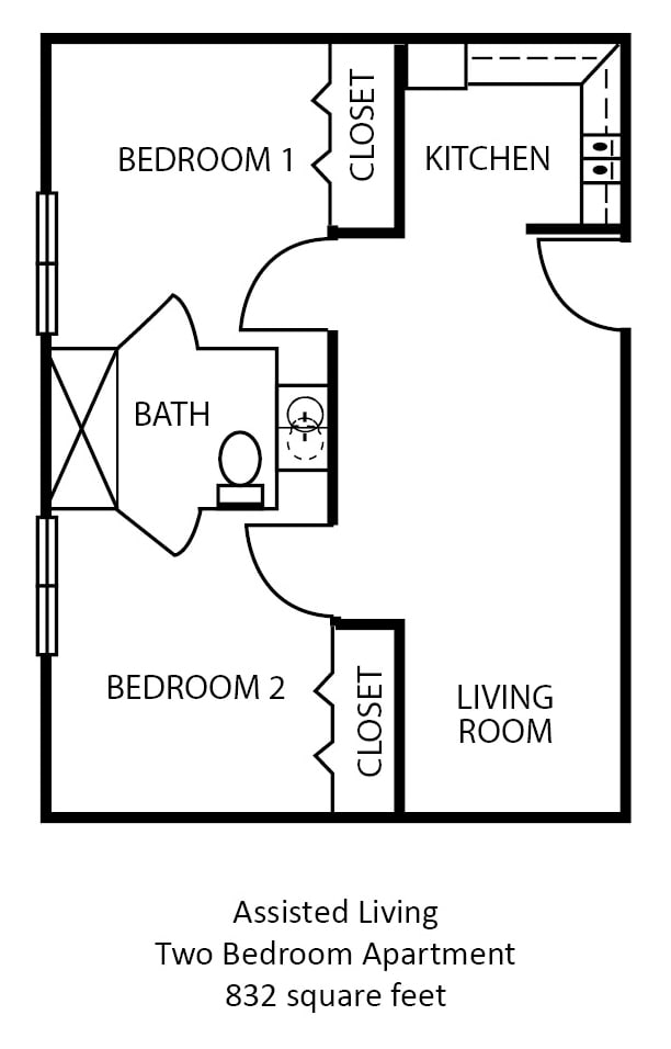A simple apartment floor plan showing a living room, bedroom, bath, and closet.
