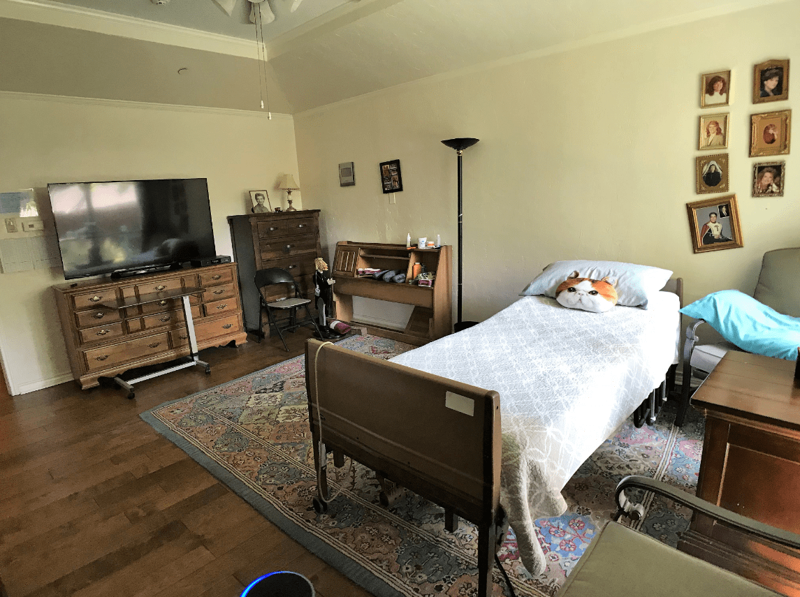A cozy bedroom with a hospital bed, television, and bookshelf.