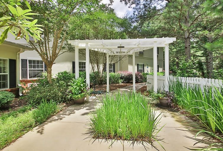 A charming garden path with a white pergola surrounded by lush greenery.