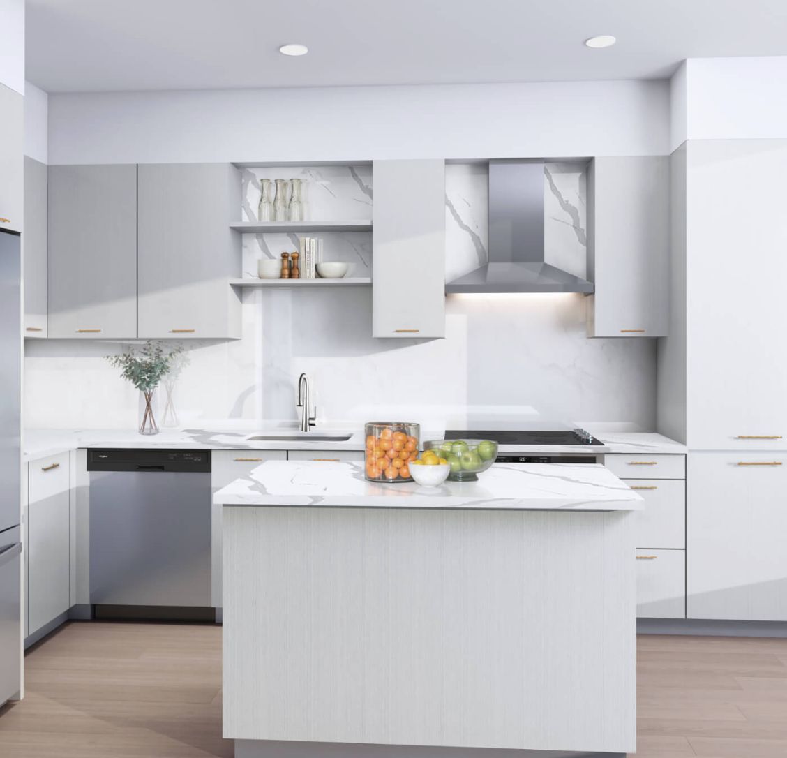 A sleek and modern kitchen with white cabinetry and a central island.