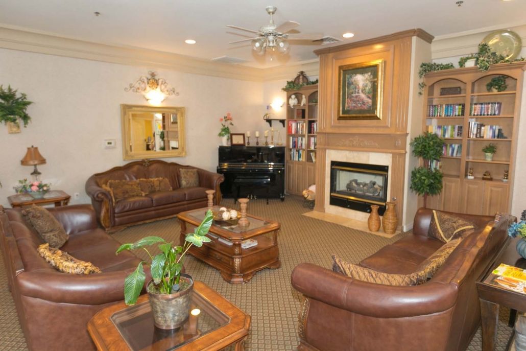 A cozy living room featuring leather sofas, a fireplace, and elegant decor.