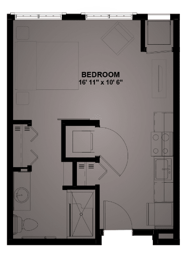 Floor plan of a bedroom with dimensions labeled.