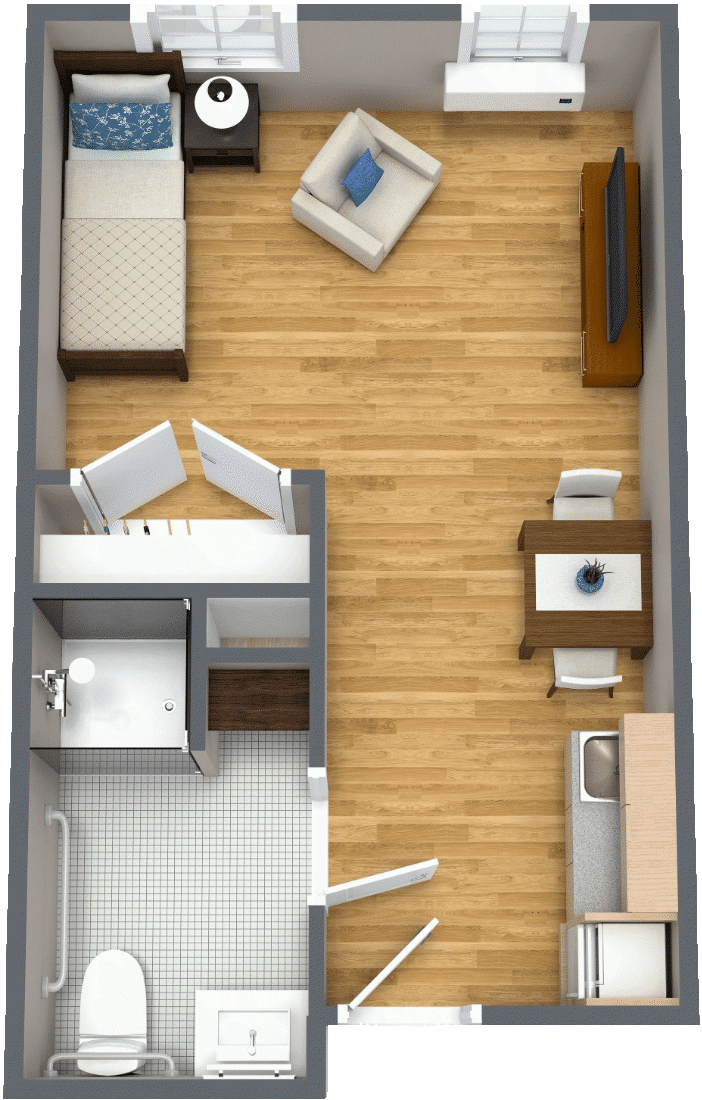 Top view of a one-bedroom apartment floor plan with furniture arrangement.