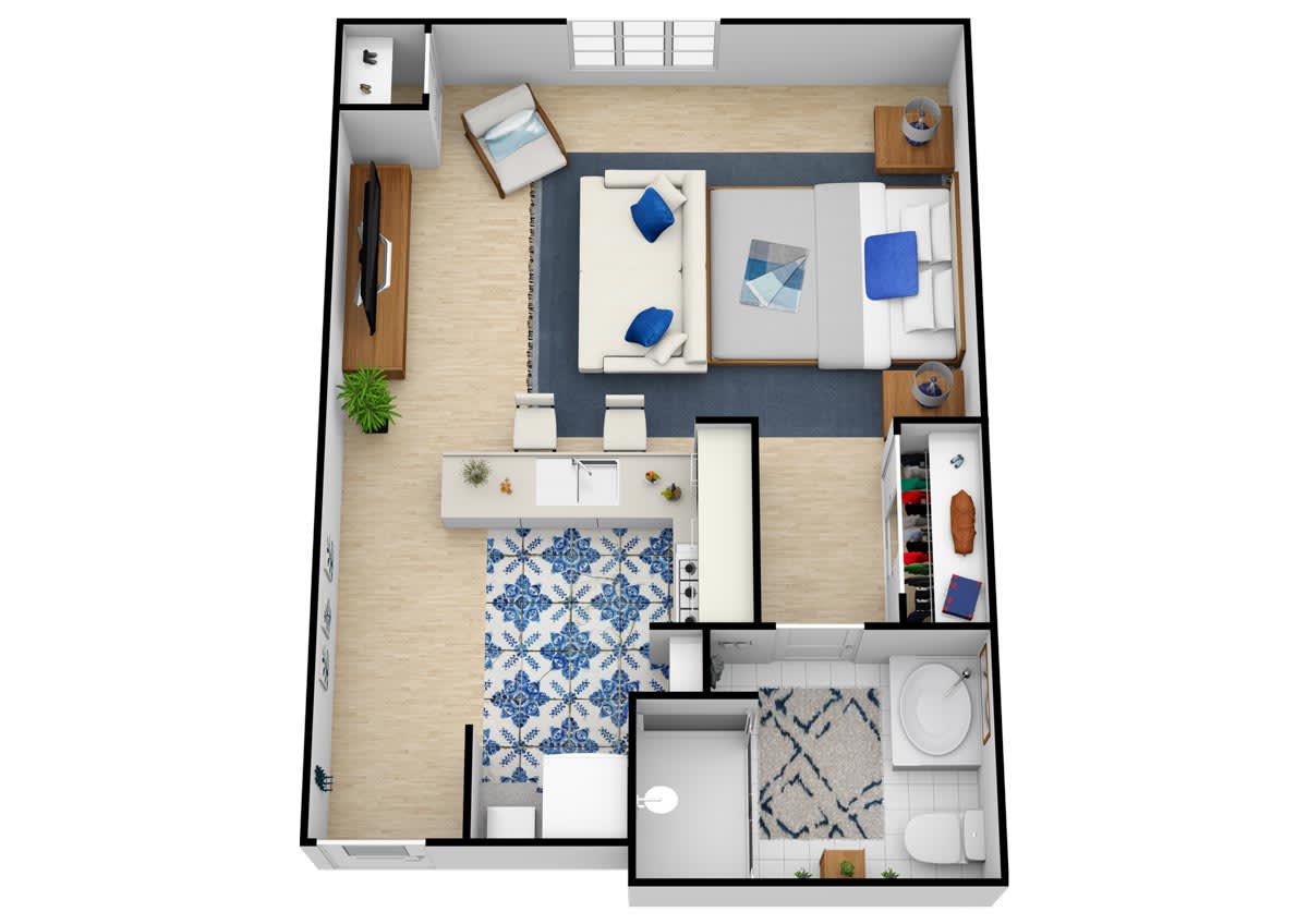 A 3D floor plan of a one-bedroom apartment featuring a living room, kitchen, and bathroom.