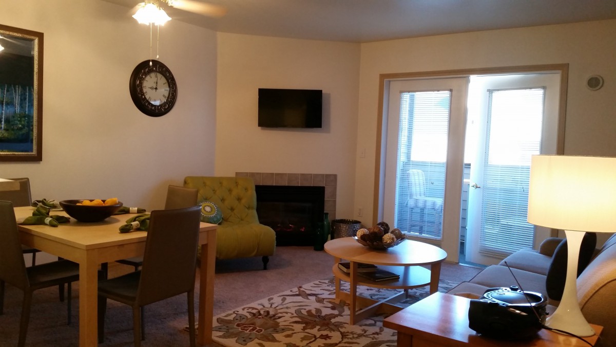 Cozy living room with a fireplace, television, and comfortable seating.