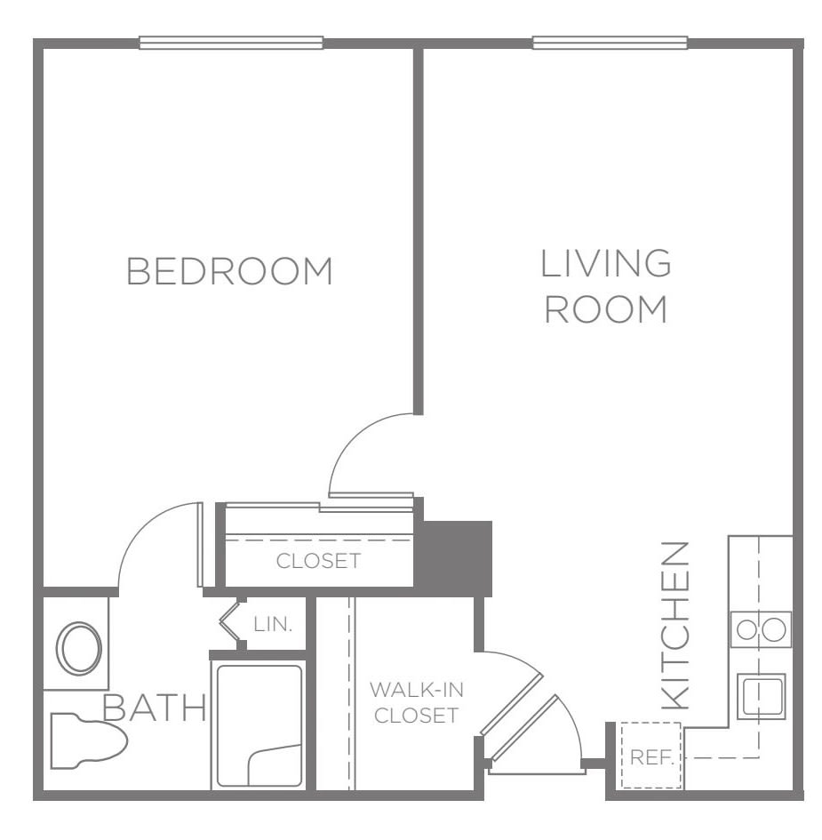 A simple floor plan of a one-bedroom apartment with designated areas for living room, kitchen, bathroom, and closet.
