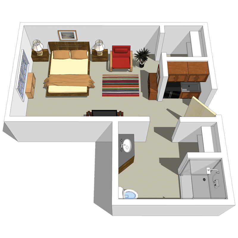 A 3D floor plan of a bedroom with an adjoining bathroom, showcasing furniture arrangement.