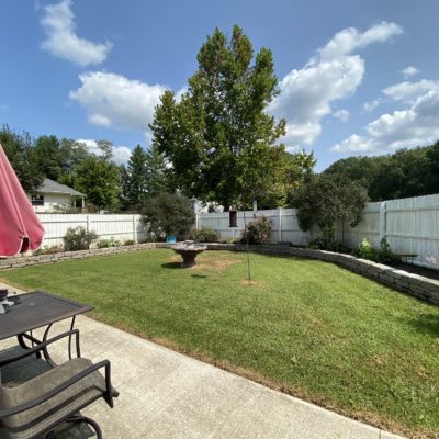 A backyard featuring a neatly maintained lawn, patio with furniture, and a tall tree against a blue sky.