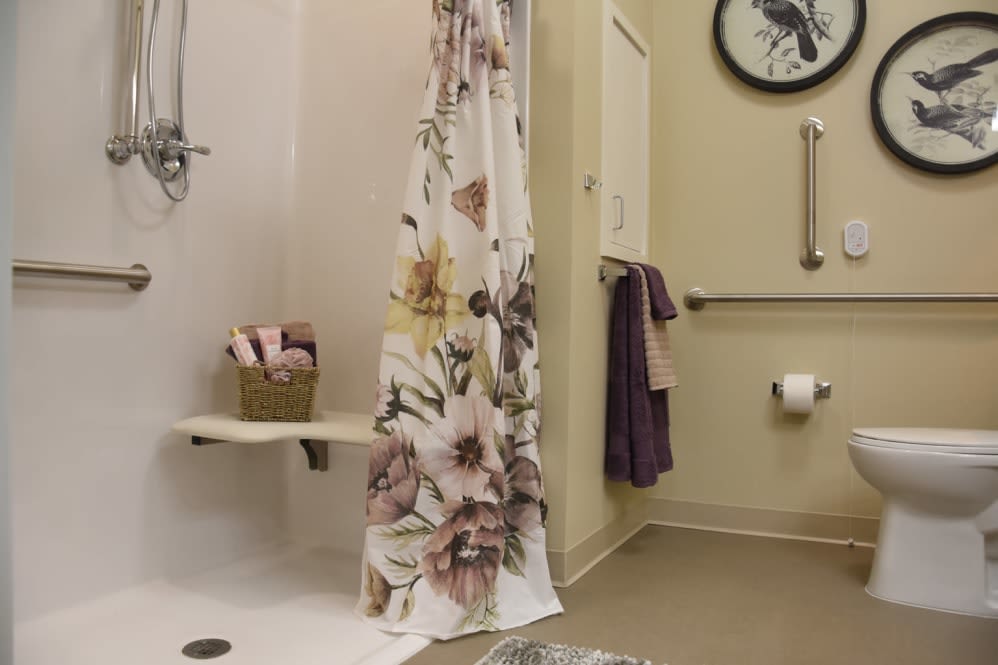 A well-appointed bathroom featuring a floral shower curtain, grab bars for safety, and neatly arranged towels.