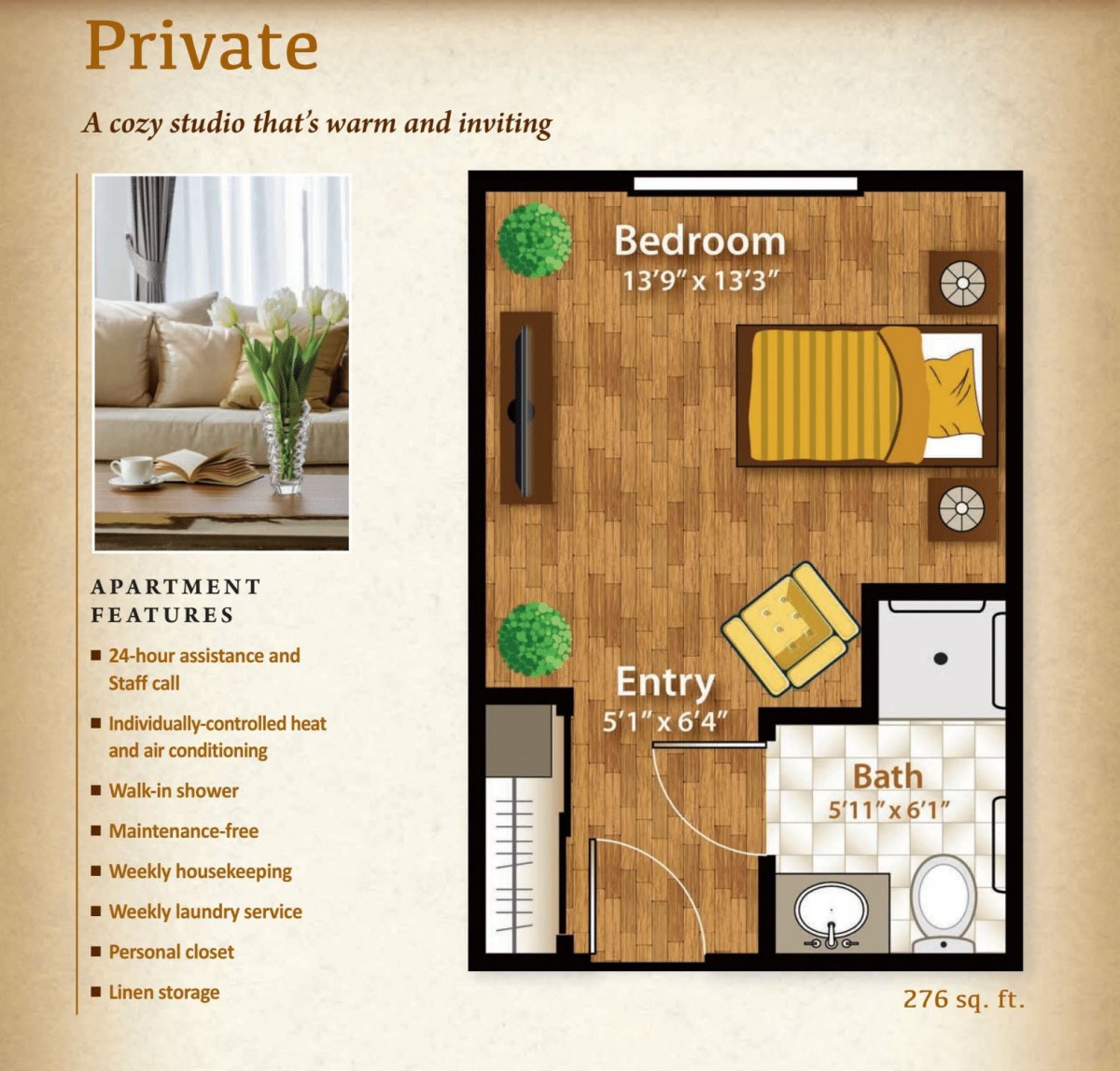 A cozy and warm studio apartment floor plan featuring a bedroom, entry area, and bathroom.