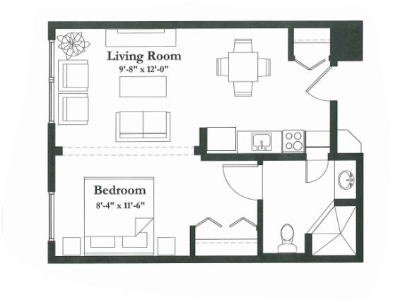 A floor plan of a one-bedroom apartment featuring a living room, kitchen, and bathroom.