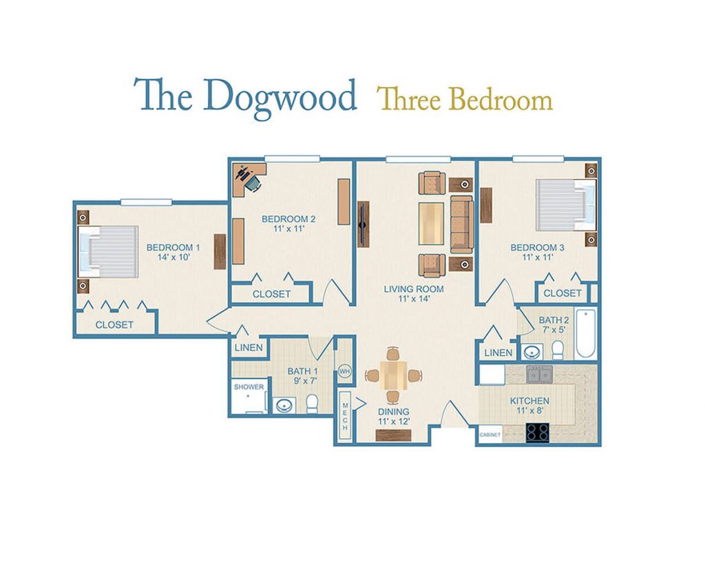 The Dogwood three-bedroom floor plan layout.
