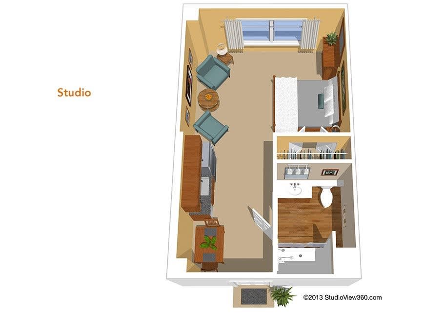 Studio apartment floor plan with furniture layout.