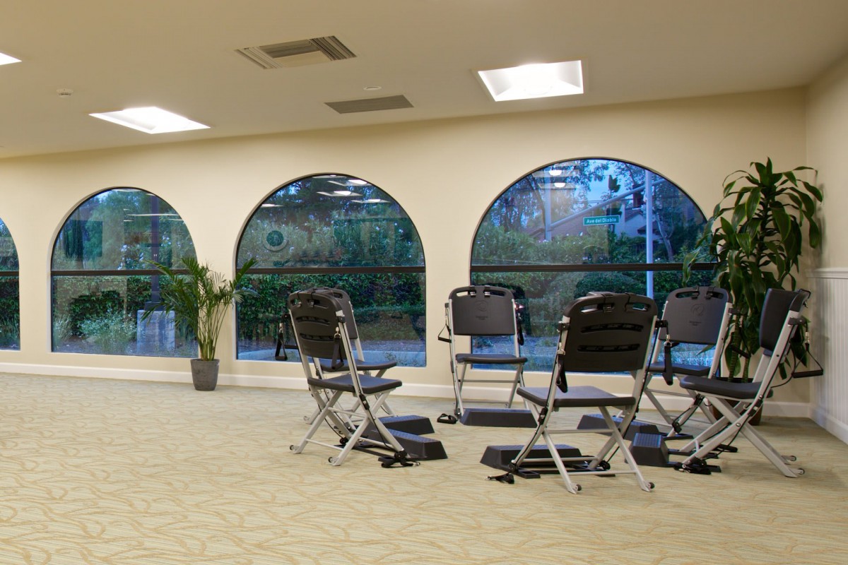 A spacious meeting room with rows of chairs, large arched windows, and a plant adding greenery to the setting.