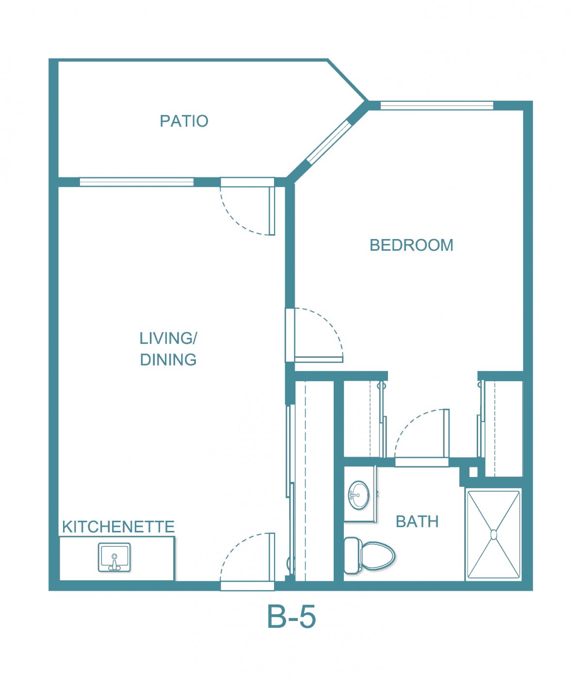 This is a floor plan of a one-bedroom apartment featuring a living/dining area, kitchenette, bathroom, and patio.