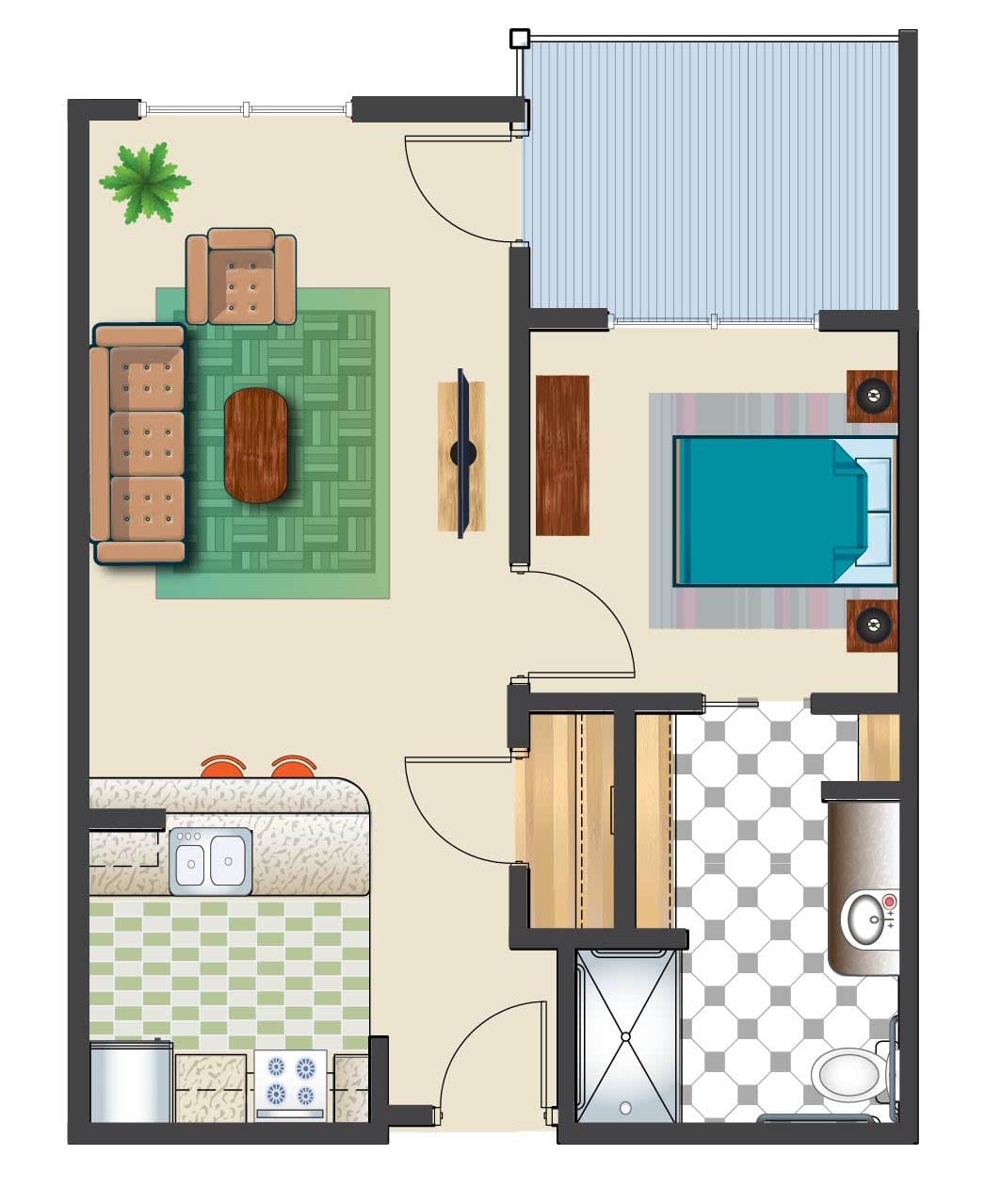 A floor plan of a two-bedroom apartment featuring a living room, kitchen, and bathroom.