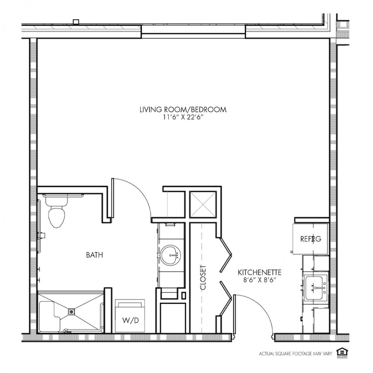 A detailed floor plan of a studio apartment, featuring a living area, kitchen, and bathroom.