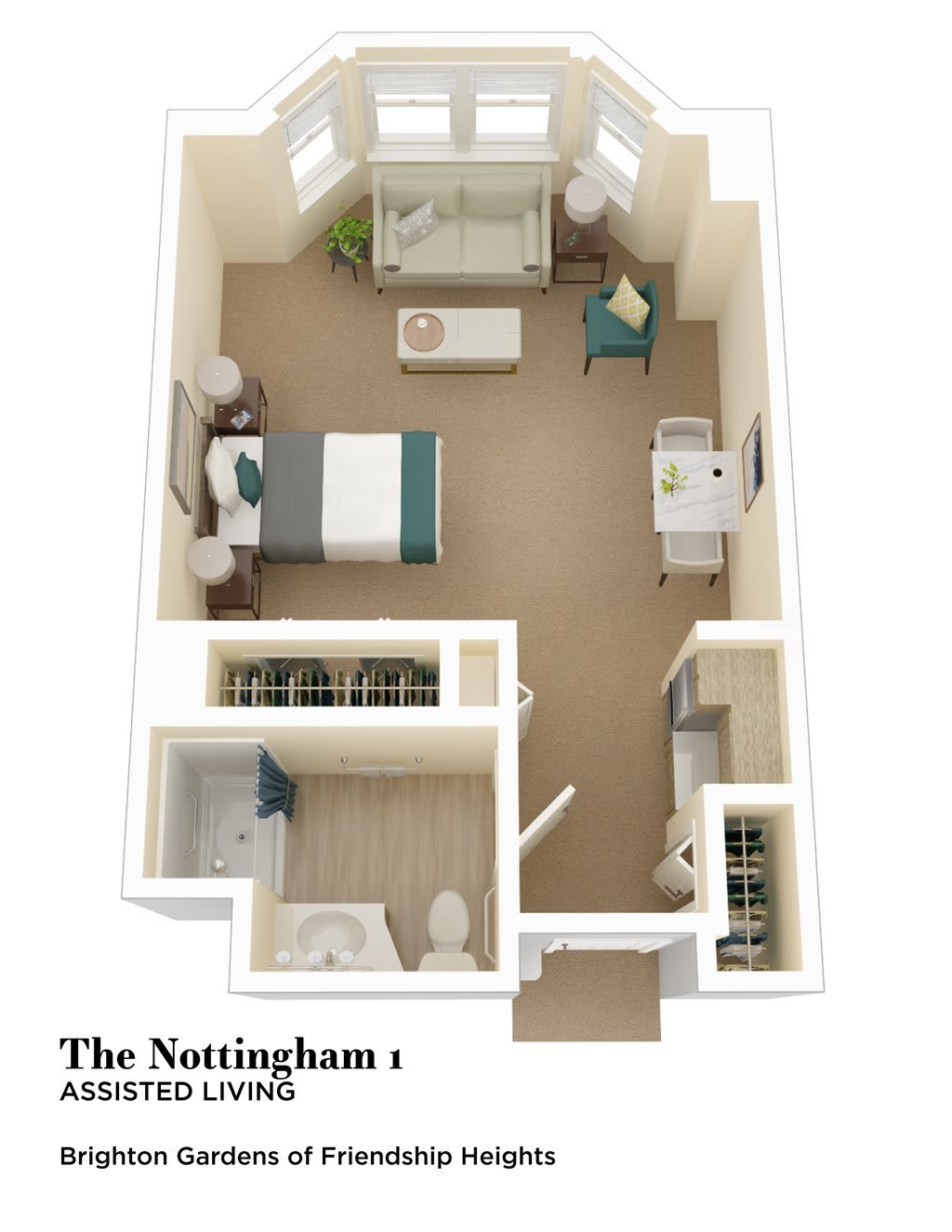 3D floor plan of a one-bedroom apartment called 'The Nottingham.'