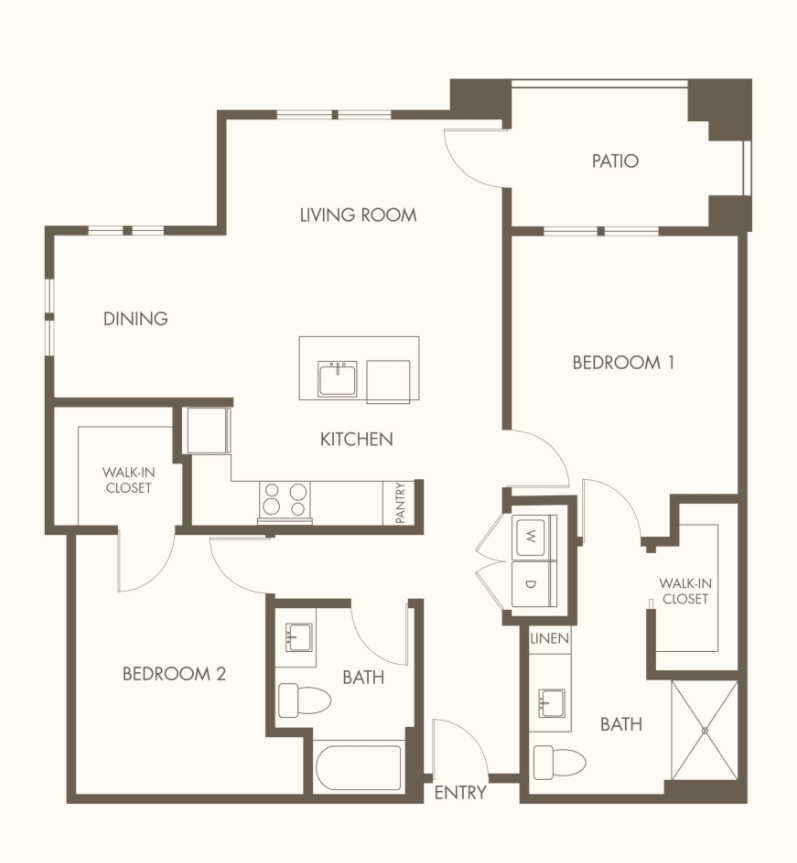 A detailed floor plan of a two-bedroom apartment layout.