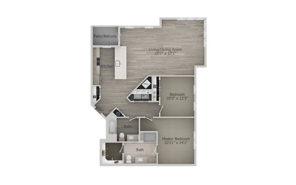 A detailed floor plan of an apartment featuring multiple rooms and a modern layout.