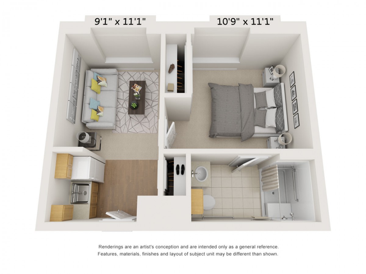 3D floor plan of a compact apartment featuring a bedroom, living room, kitchen, and bathroom.