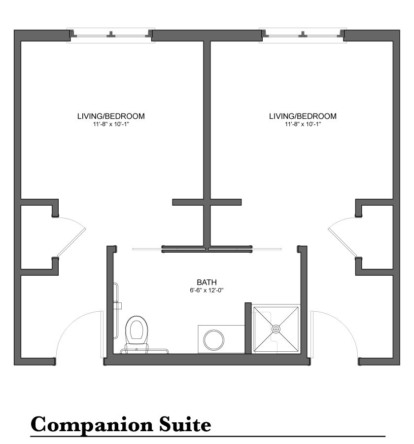 Floor plan of a companion suite showing two living rooms and a shared bathroom.