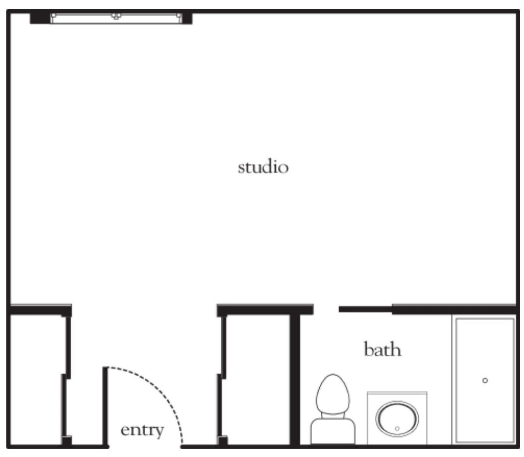 A floor plan of a studio apartment featuring an entryway, studio space, and bathroom.