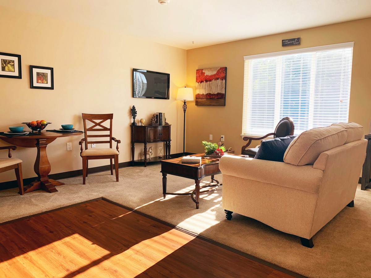 A cozy living room bathed in sunlight, featuring a comfortable sofa and chairs, complemented by tasteful decor.
