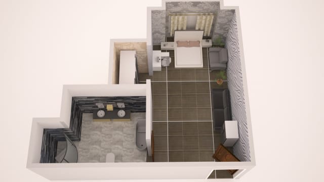 Aerial view of a bedroom and bathroom floor plan.