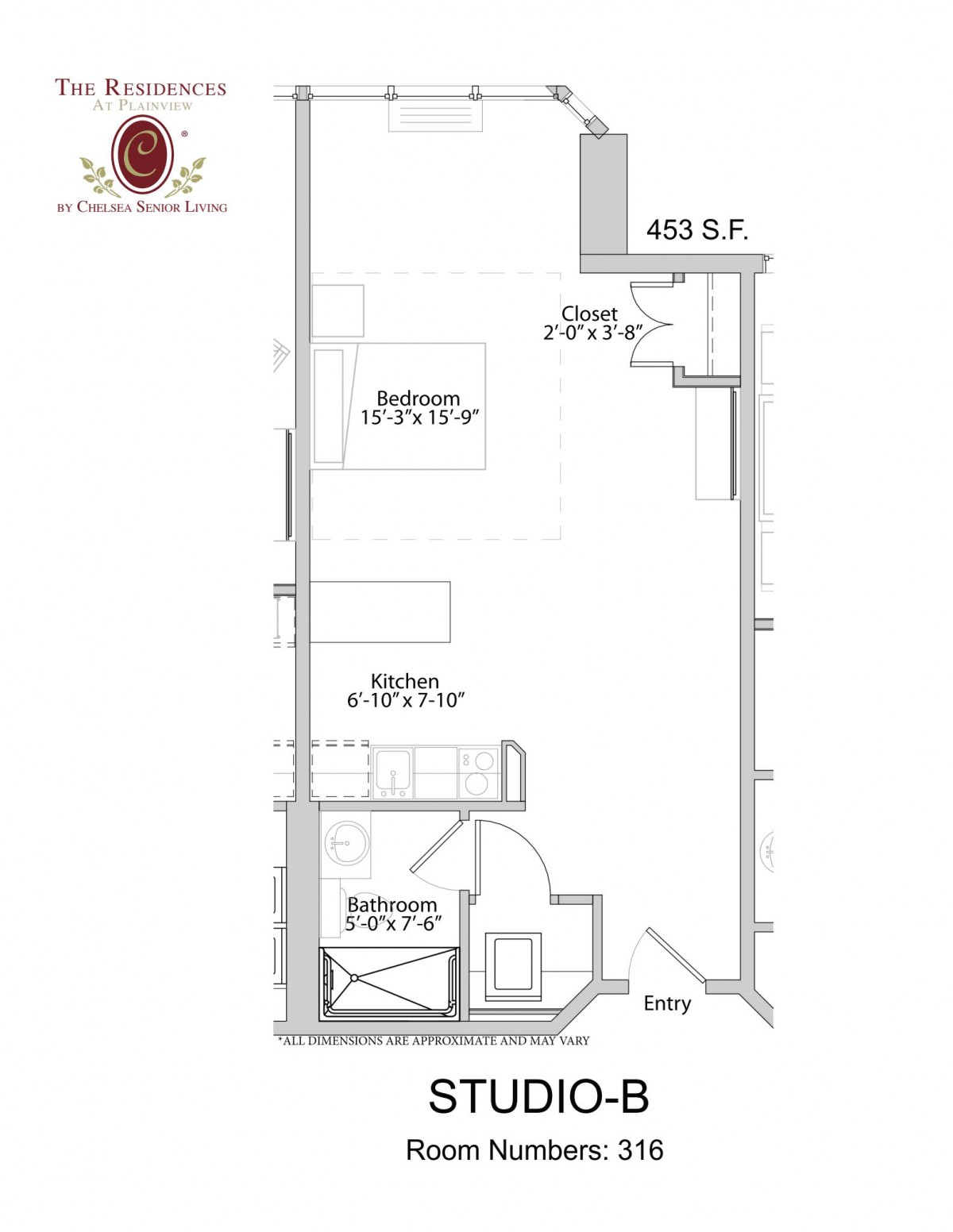 Floor plan of a studio apartment with designated kitchen, bathroom, and living space areas.