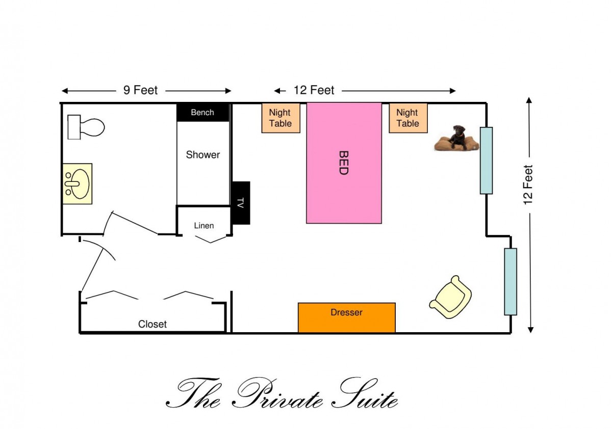 A floor plan of 'The Private Suite' showing the layout and furniture arrangement.