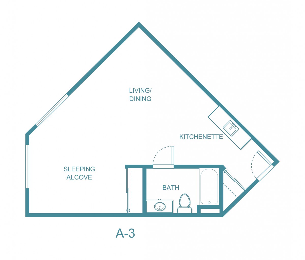 A floor plan of a studio apartment featuring a living area, kitchenette, sleeping alcove, and bathroom.