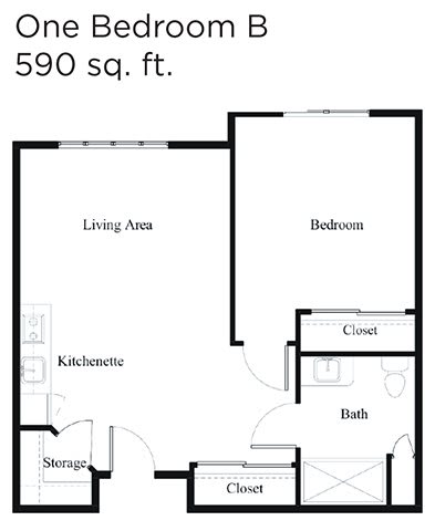 A floor plan of a 590 sq. ft. apartment featuring one bedroom, a living area, kitchen, bathroom, closet, and storage space.