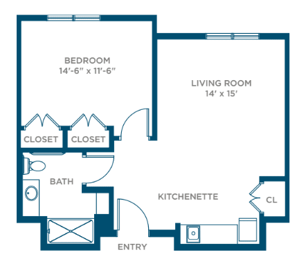 One-bedroom apartment floor plan with living room, bath, and kitchenette.