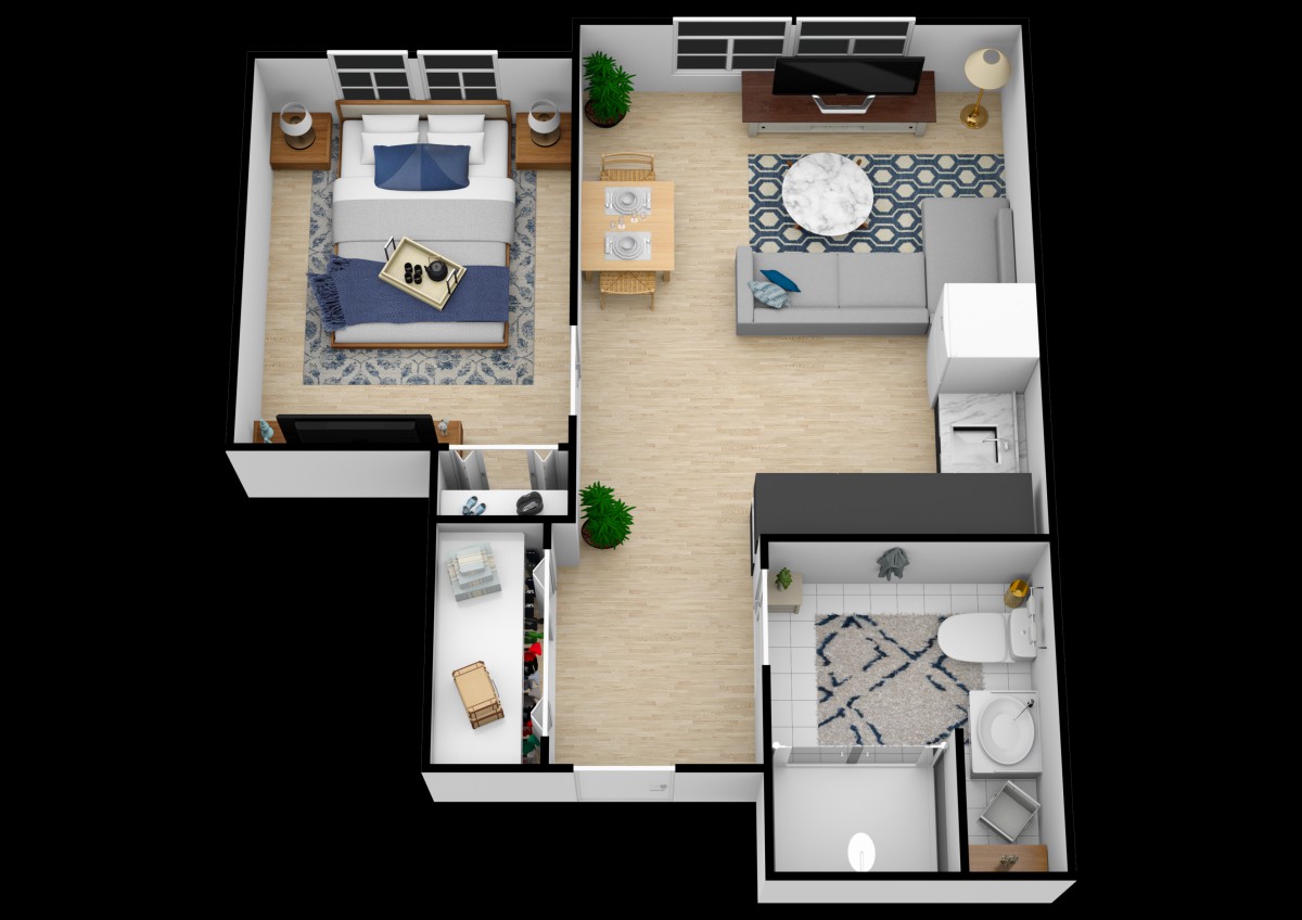 A 3D floor plan of a one-bedroom apartment featuring a living room, kitchen, bathroom, and bedroom.