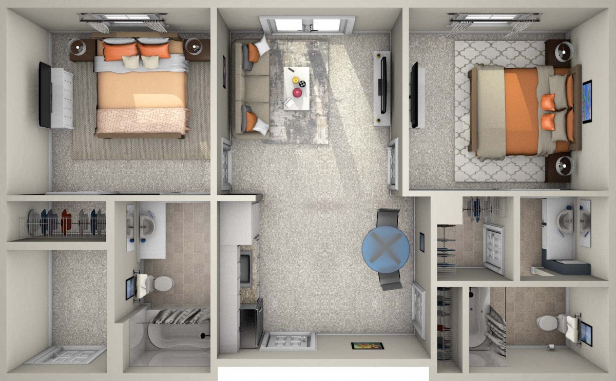 A detailed floor plan of a two-bedroom apartment featuring a living room, kitchen, and bathroom.
