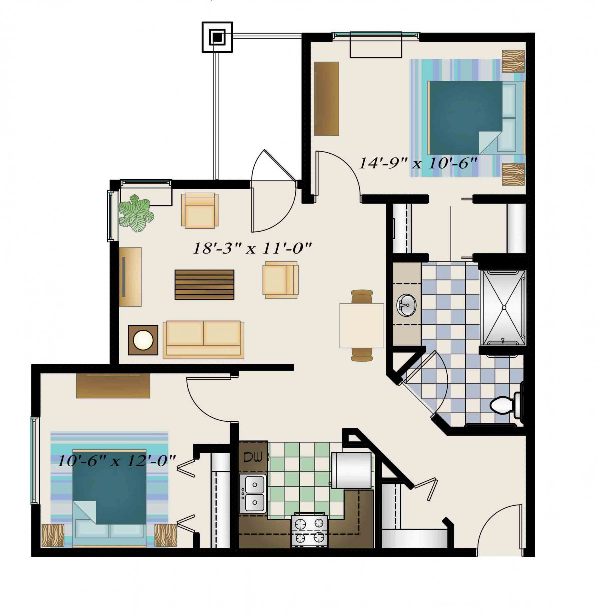 This image shows a floor plan of a two-bedroom apartment with bathrooms and a kitchen.