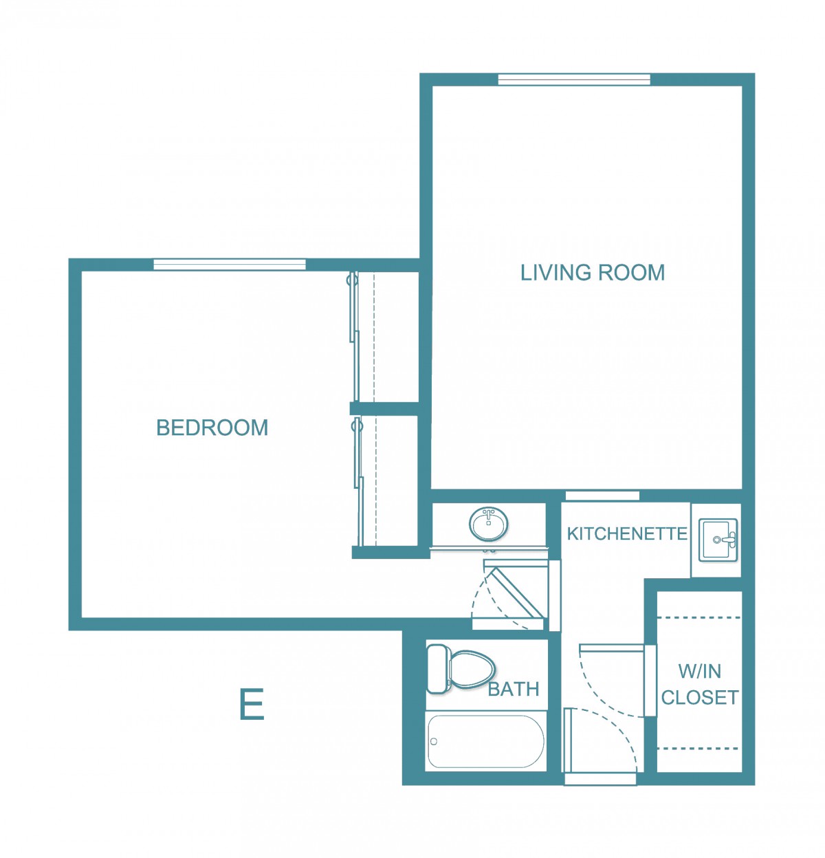 A simple floor plan of a one-bedroom apartment.